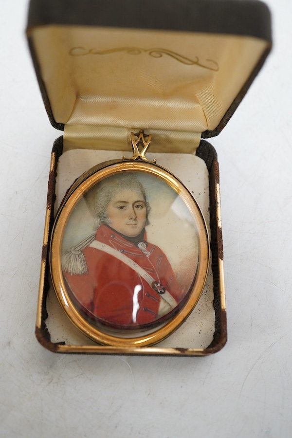 Manner of John Smart (1741-1811), early 19th century portrait miniature on ivory, Portrait of a gentleman wearing military uniform, unsigned, housed in a gilt locket mount, 6.5 x 5cm. Condition - fair CITES Submission re